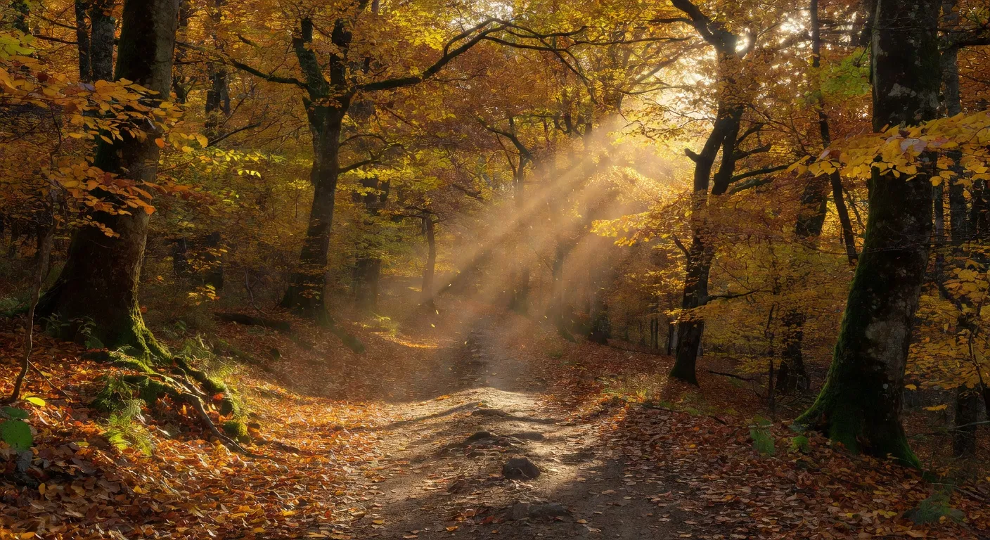 Chemin de pèlerinage balisé traversant une forêt corrézienne, lumière d'automne