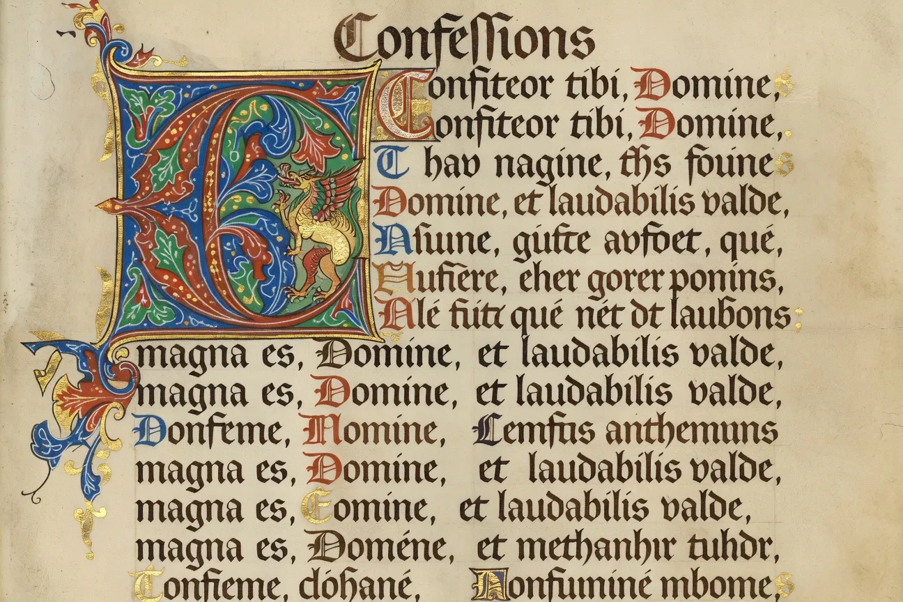 Scene evoquant la conversion de saint Augustin dans un jardin, avec un livre et un figuier