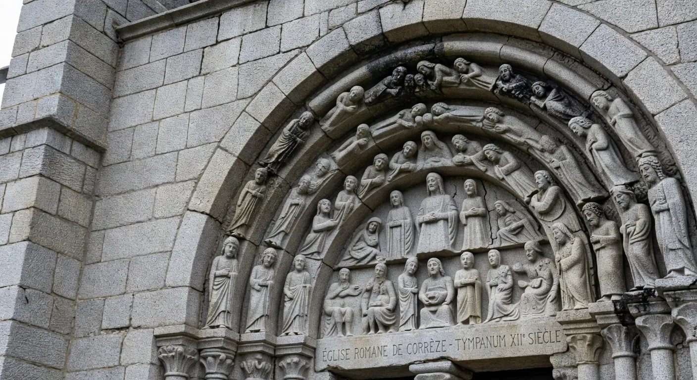 Détail architectural d'une église romane corrézienne, tympan sculpté XIIe siècle