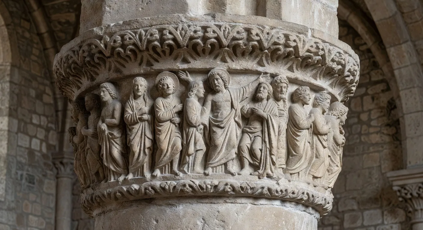 Chevet roman en granit d'une eglise correzienne avec modillons sculptes