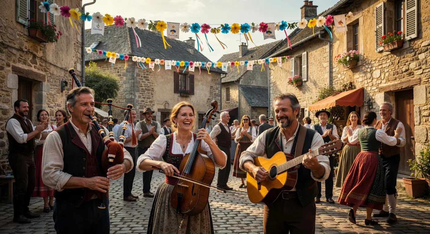 Scene de fete patronale dans un village de Correze avec decorations et participants