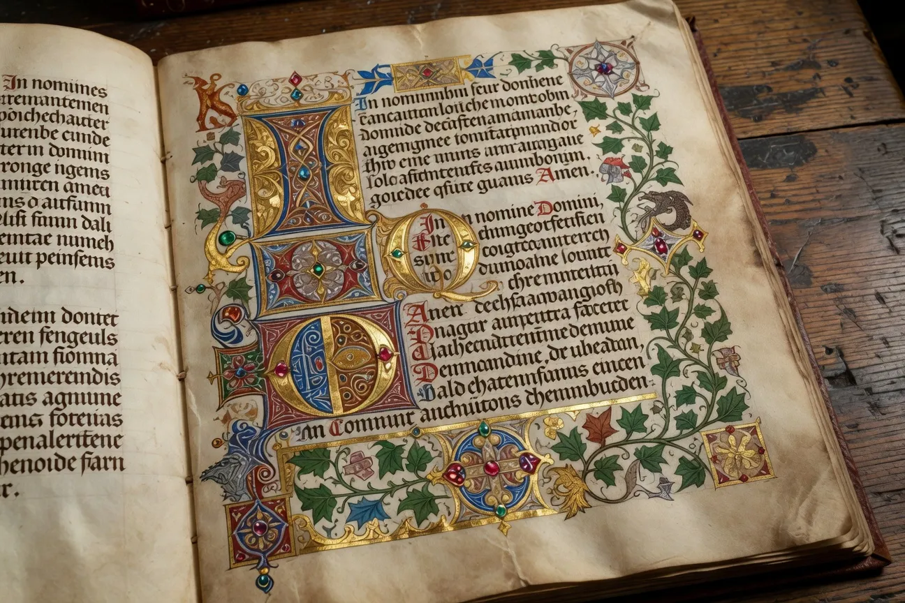 Manuscrit médiéval enluminé illustrant la pensée augustinienne, fond parchemin
