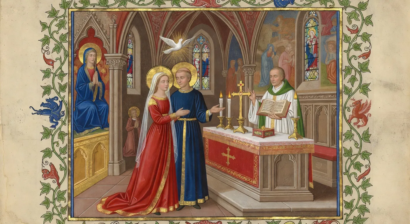 Illustration symbolisant les trois biens du mariage chretien selon la tradition augustinienne