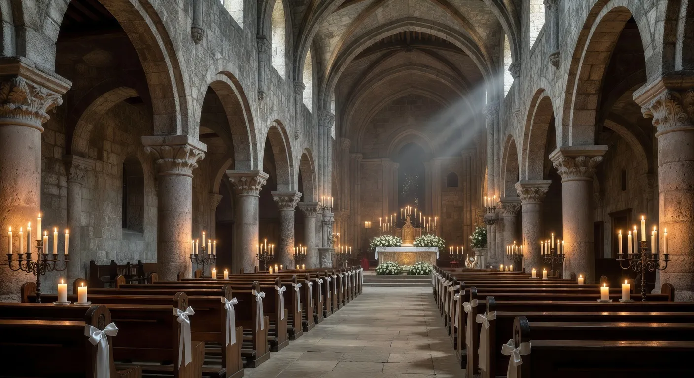 Cortege nuptial devant une eglise en pierre de Correze avec decorations florales