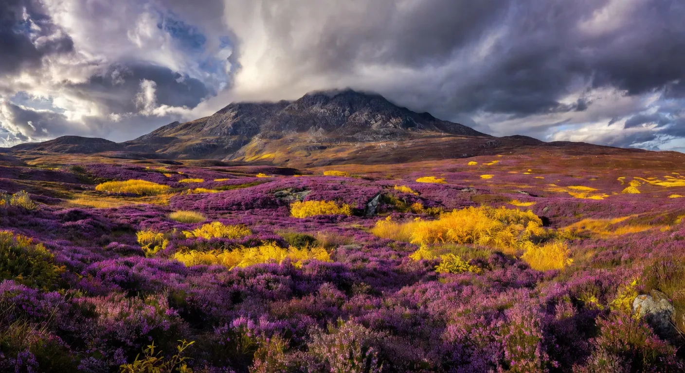 Landes de bruyère en fleur sur le massif des Monédières, violet et or, automne correzien