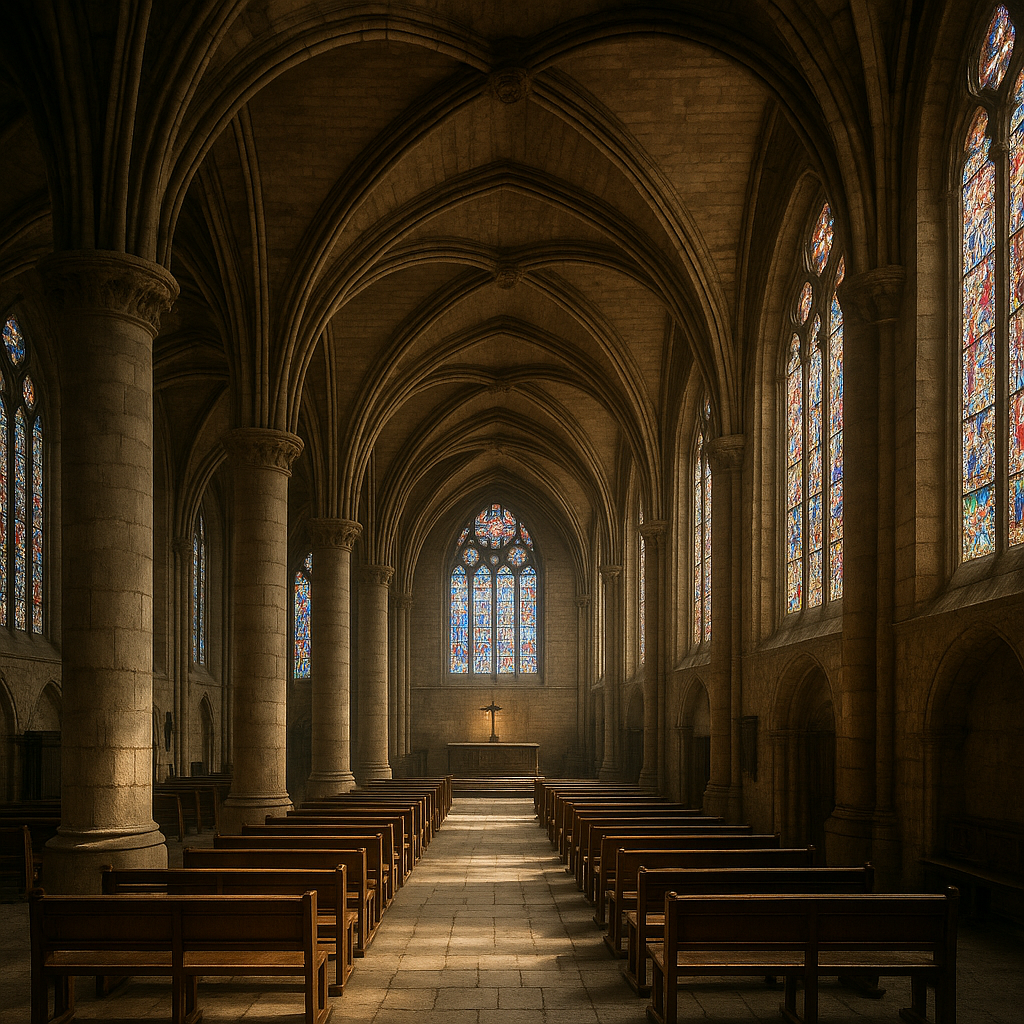 Intérieur d'une abbaye augustinienne avec nef gothique et vitraux colorés