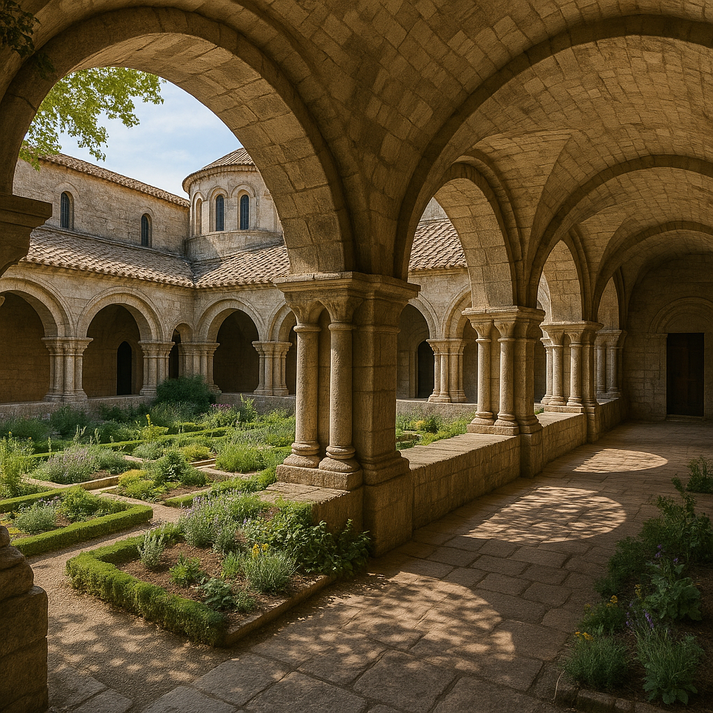Ancien cloître d'un prieuré augustinien restauré avec arcades romanes et jardin méditatif