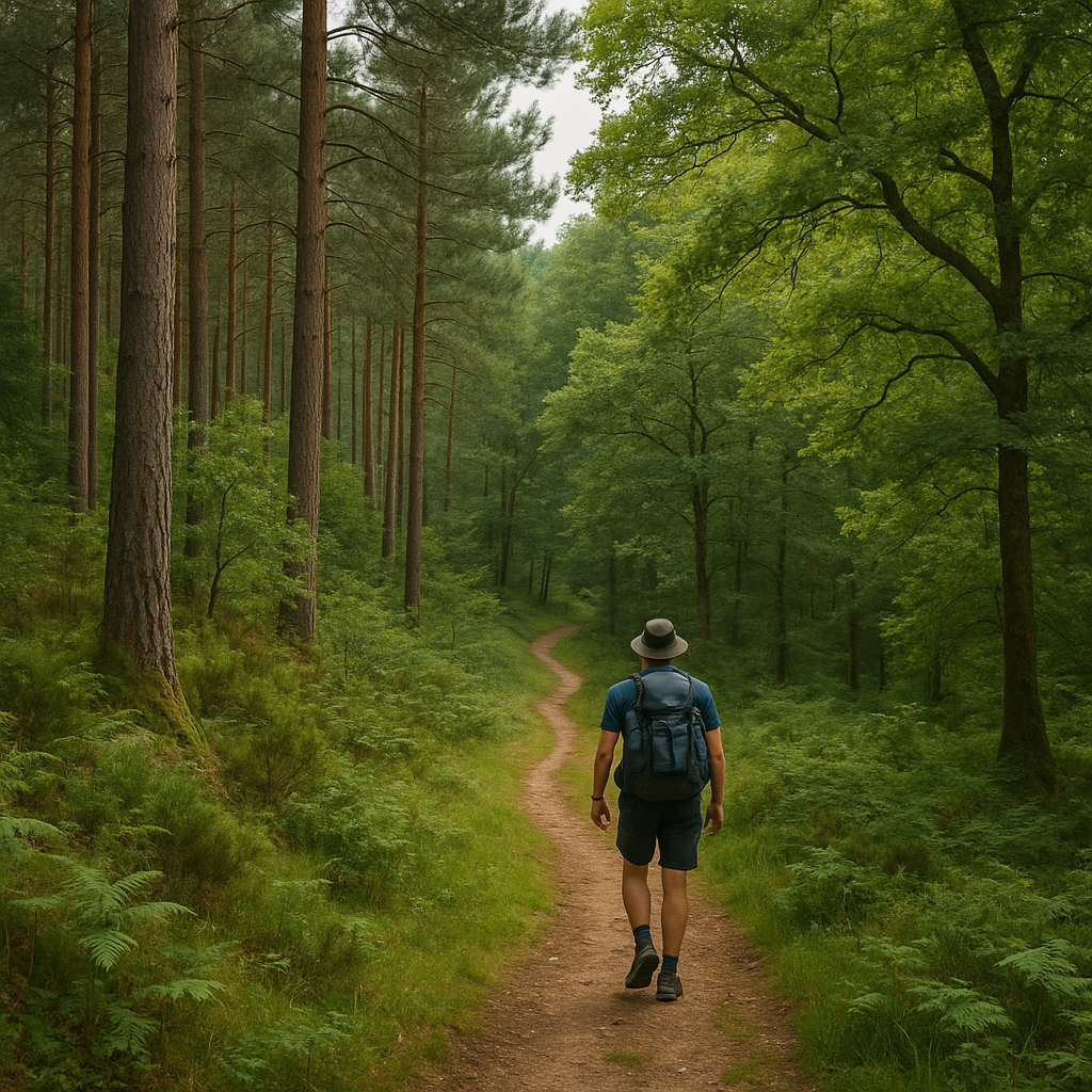 Sentier de randonnée traversant une forêt de pins et de chênes dans le massif des Monédières