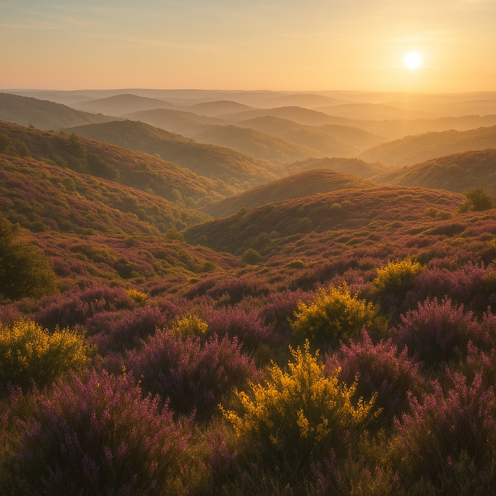 Landes de bruyère en fleur au lever du jour dans le massif des Monédières, collines ondulantes à l'horizon