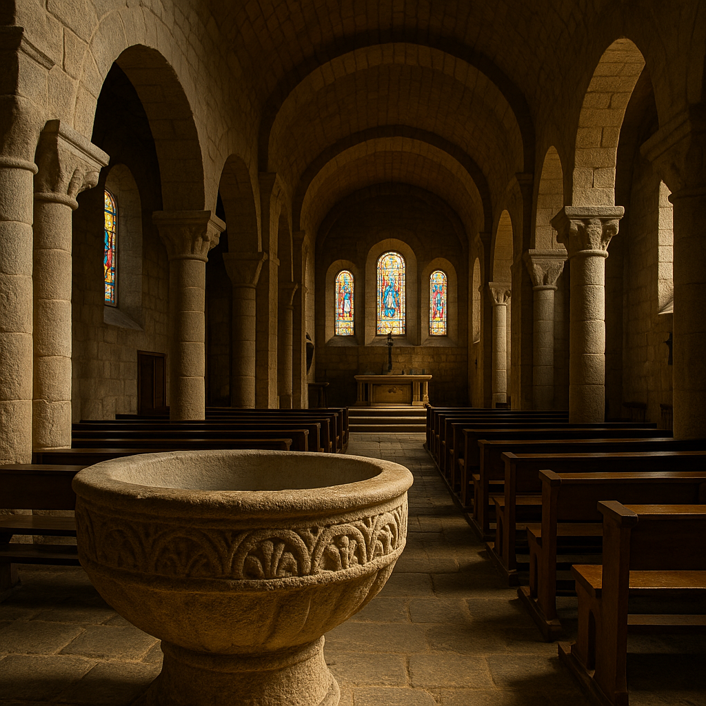 Intérieur de l'église romane de Saint-Augustin avec son bénitier en granit sculpté