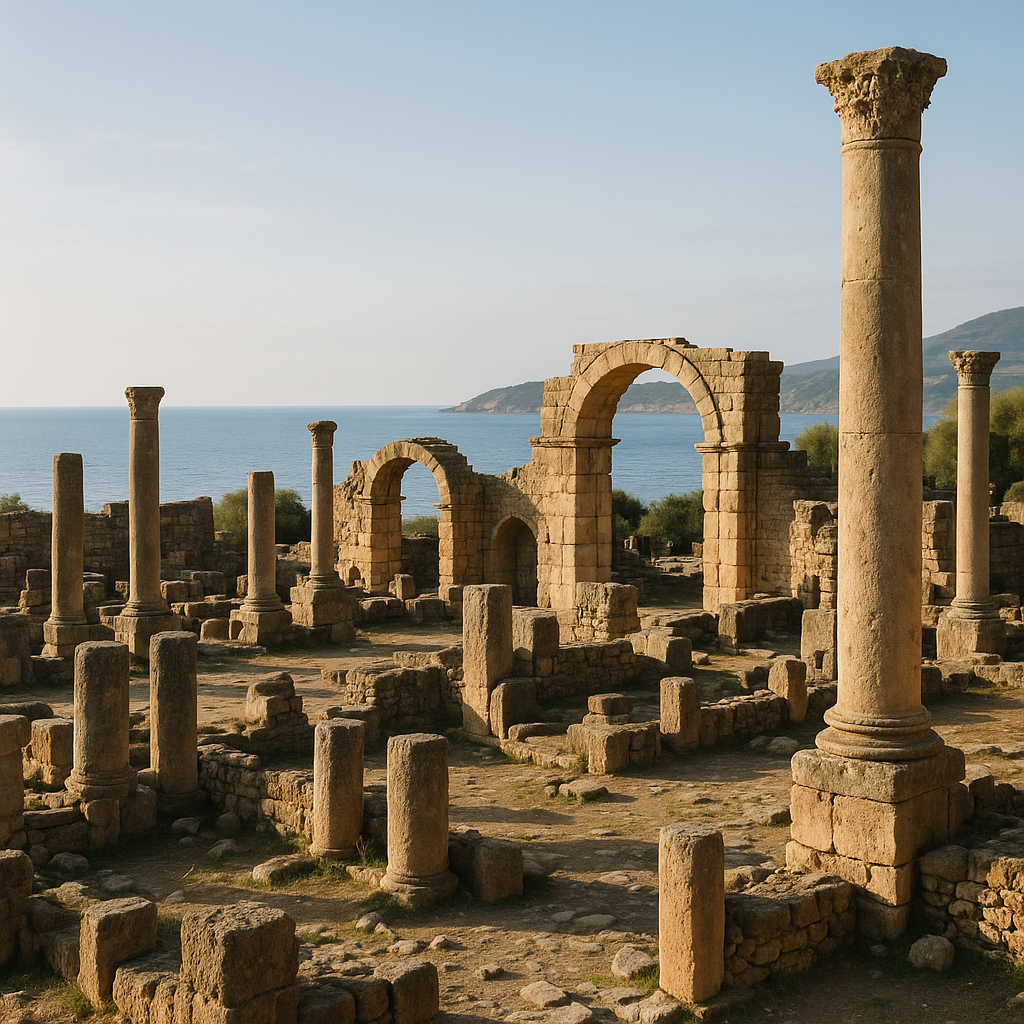 Ruines antiques d'Hippone (Annaba, Algérie) avec la mer Méditerranée en arrière-plan