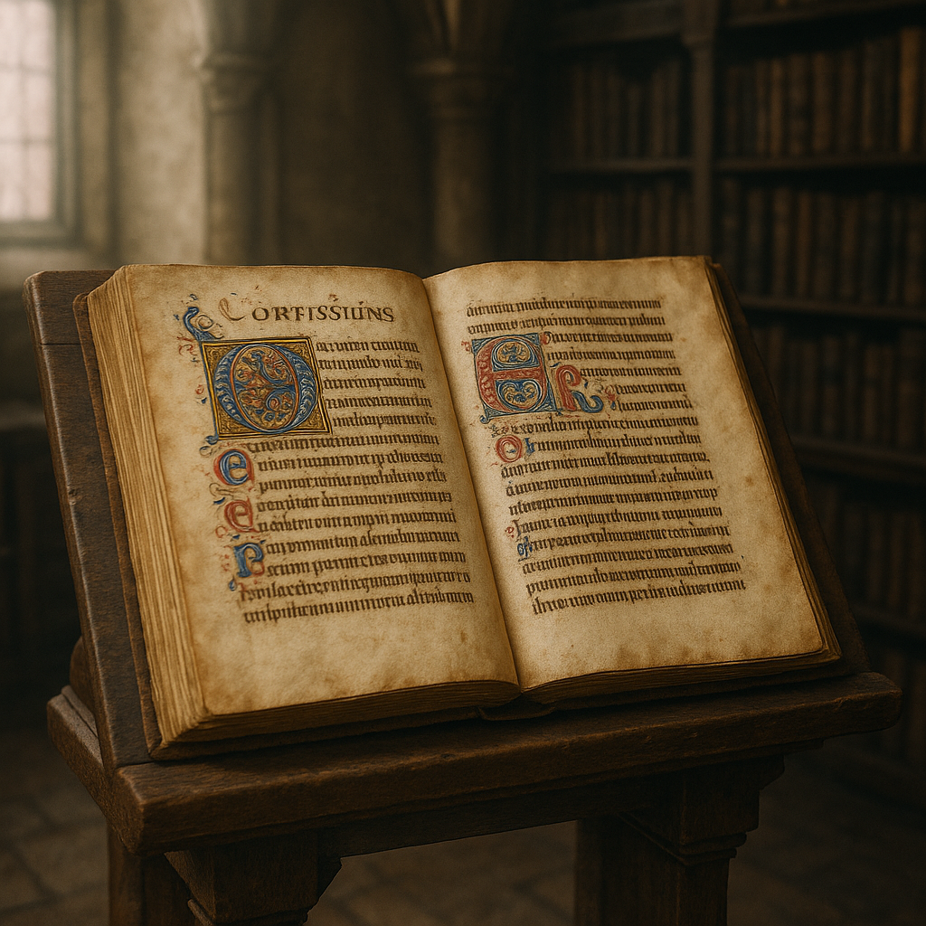 Manuscrit médiéval enluminé des Confessions de saint Augustin ouvert sur un lutrin
