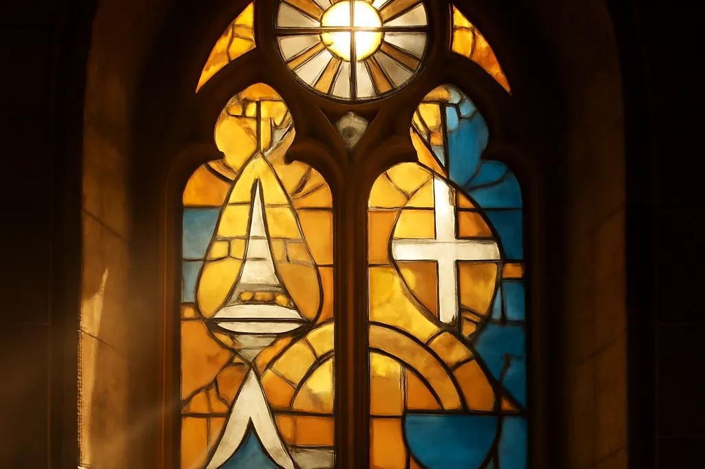 Vitrail d'église représentant la grâce divine avec une lumière dorée traversant des figures théologiques stylisées