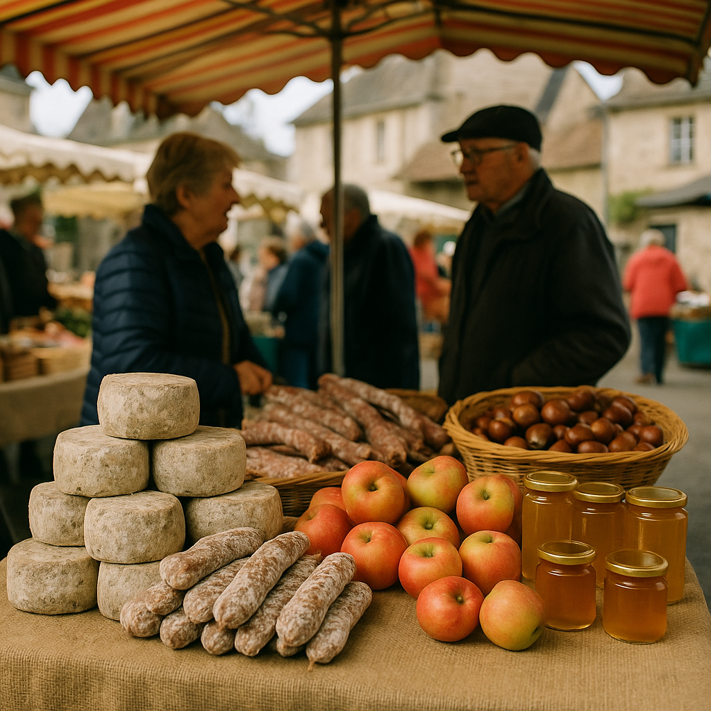 Étal de marché corrézien avec fromages fermiers, charcuteries et pommes du Limousin