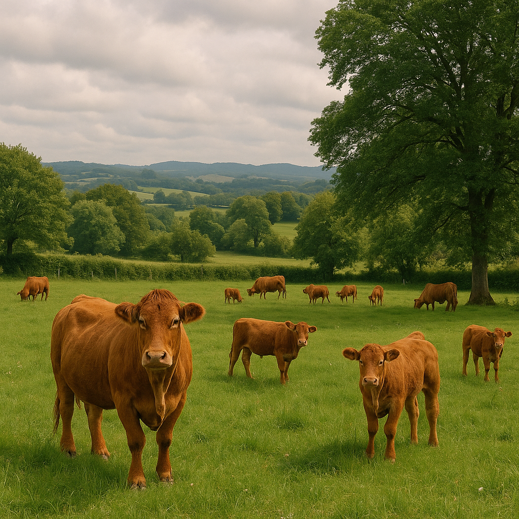 Vaches limousines dans un paysage de prairies et de châtaigniers en Corrèze