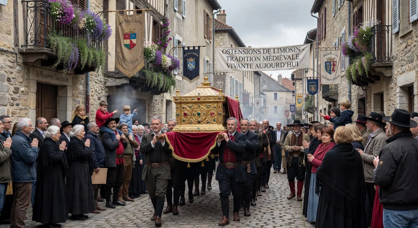 Reconstitution d'une procession religieuse traditionnelle dans un village limousin