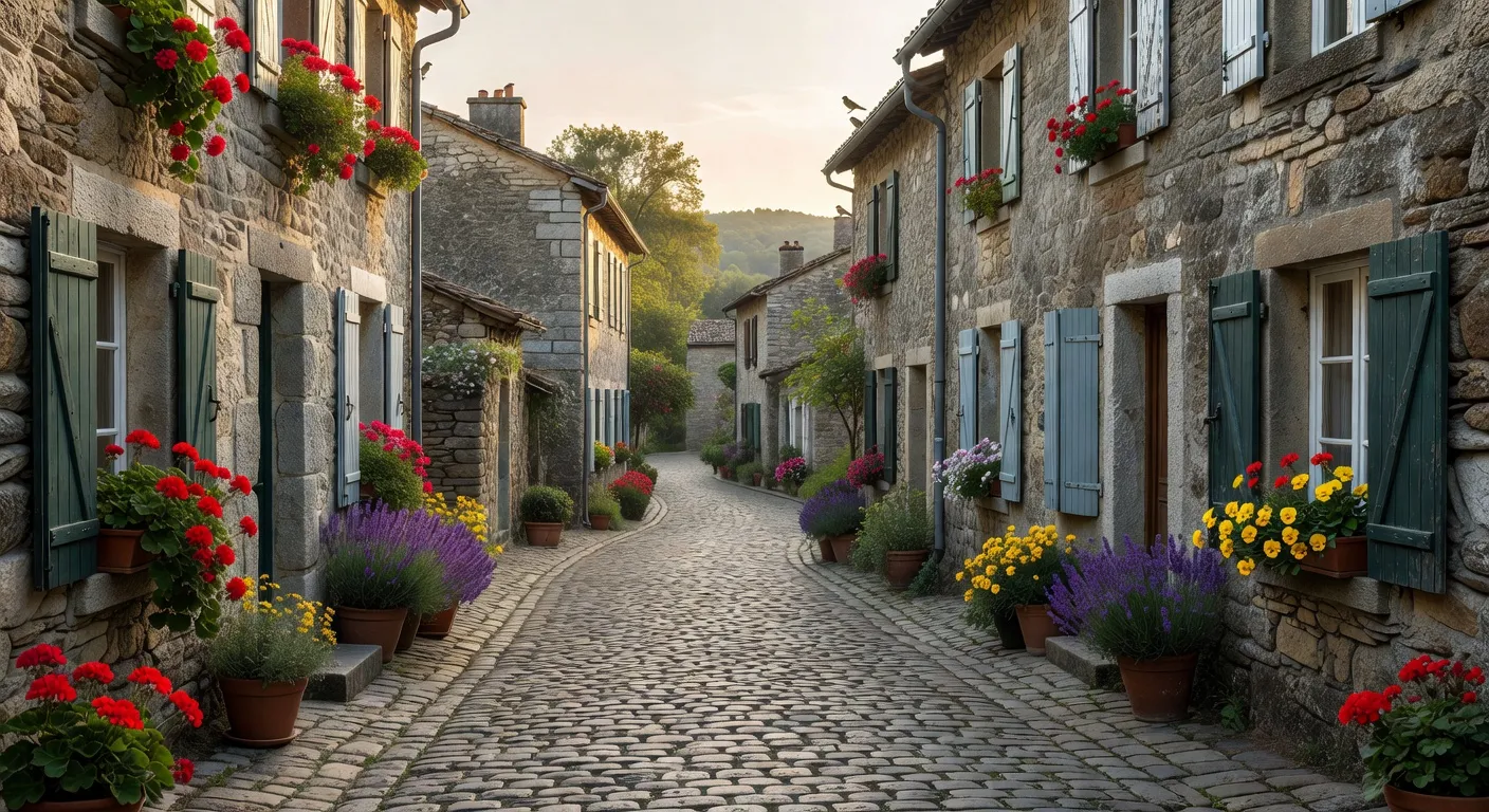 Rue pavée d'un petit village de Corrèze, maisons en granit, ambiance silencieuse
