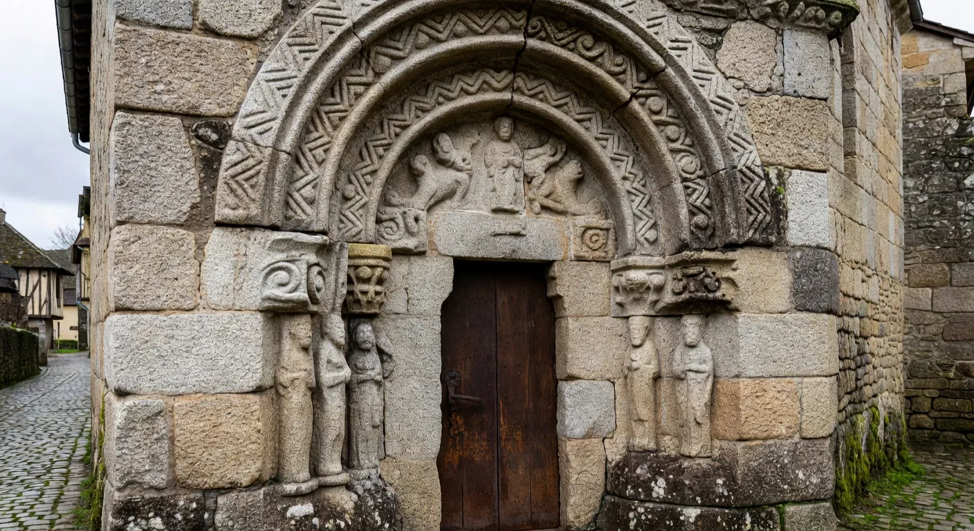 Détail du portail roman de l'église de Saint-Augustin en Corrèze