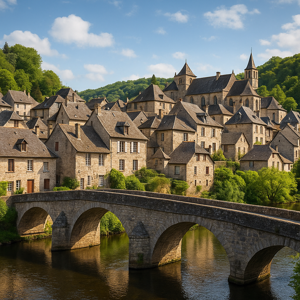 Village de Treignac en Corrèze avec ses toits d'ardoise et la Vézère en contrebas
