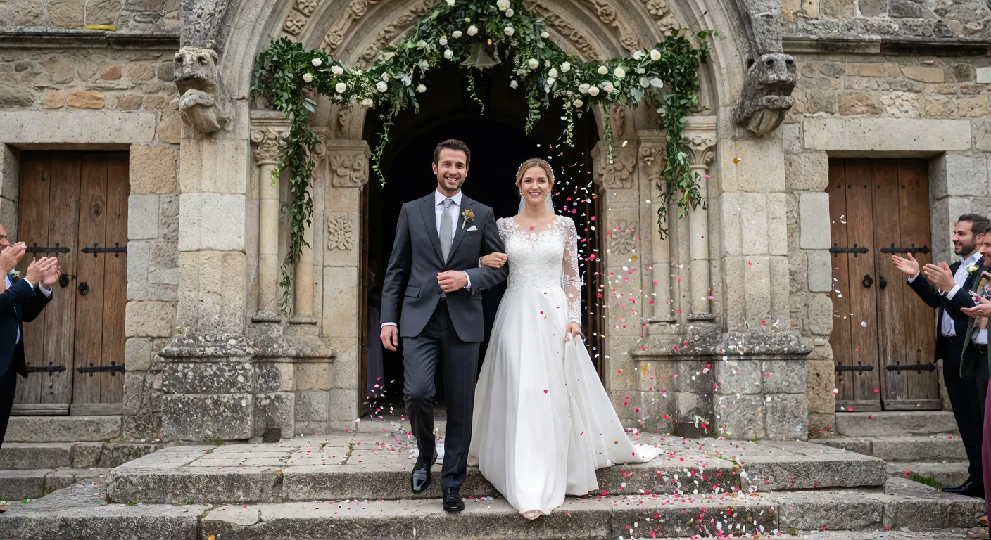 Interieur d'une eglise romane de Correze decoree pour une ceremonie de mariage