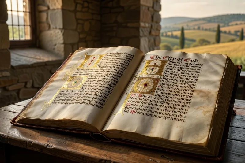 Page enluminee d'un manuscrit médiéval de La Cite de Dieu avec lettrines dorees