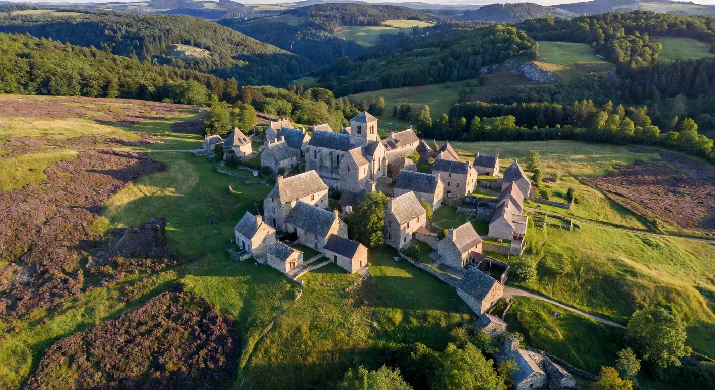 Vue panoramique du village de Saint-Augustin en Correze avec le massif des Monedieres en arriere-plan