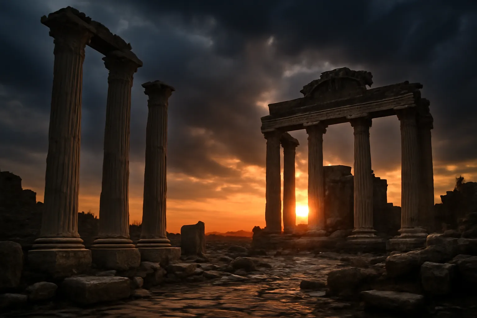 Ruines antiques romaines au coucher du soleil, colonnes de pierre érodées