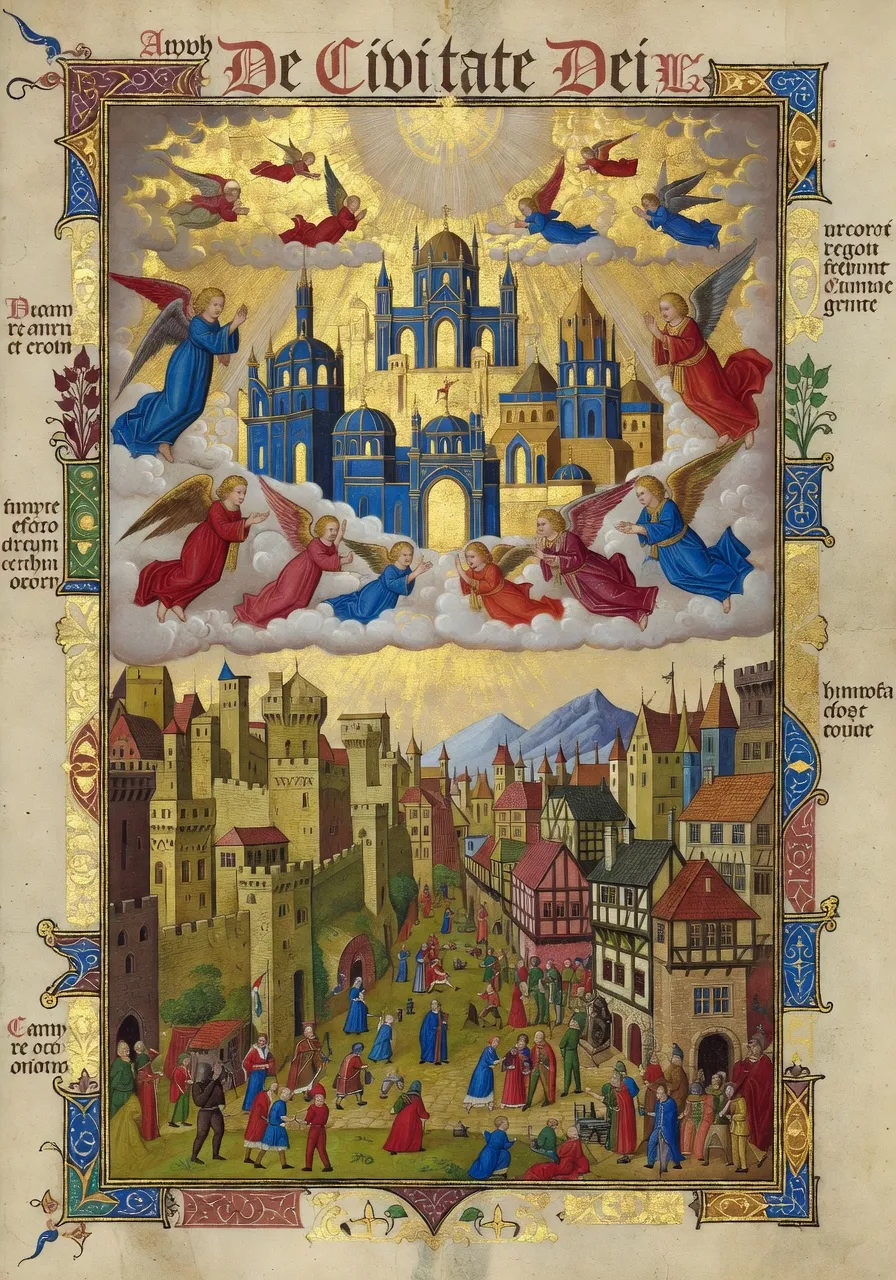 Manuscrit ancien ouvert sur un pupitre avec une vue evoquant les ruines de Rome antique