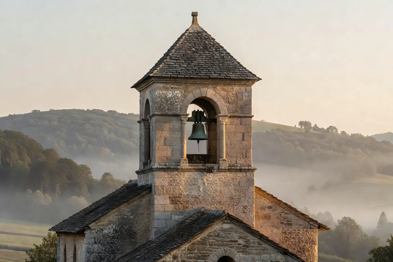 Clocher roman corrézien surmonté de sa flèche en pierre, avec une cloche de bronze visible dans la baie du beffroi