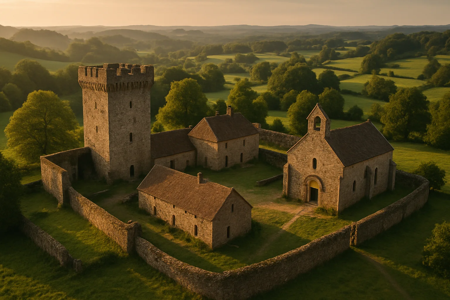 Vestiges d'une commanderie médiévale en Corrèze, avec sa chapelle et ses pierres de taille au crépuscule