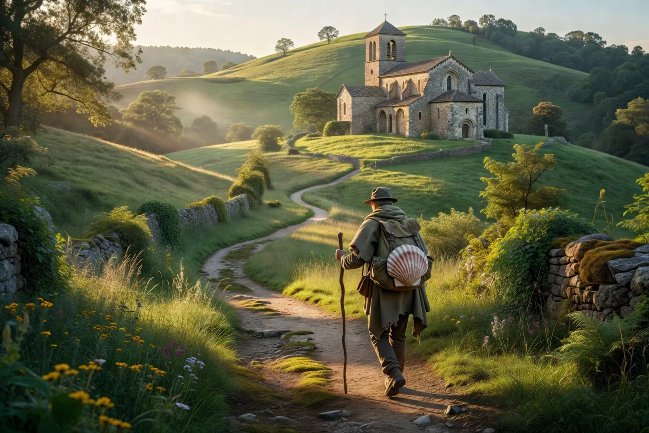 Pèlerin sur un sentier ensoleillé de Corrèze avec une coquille Saint-Jacques sur son sac