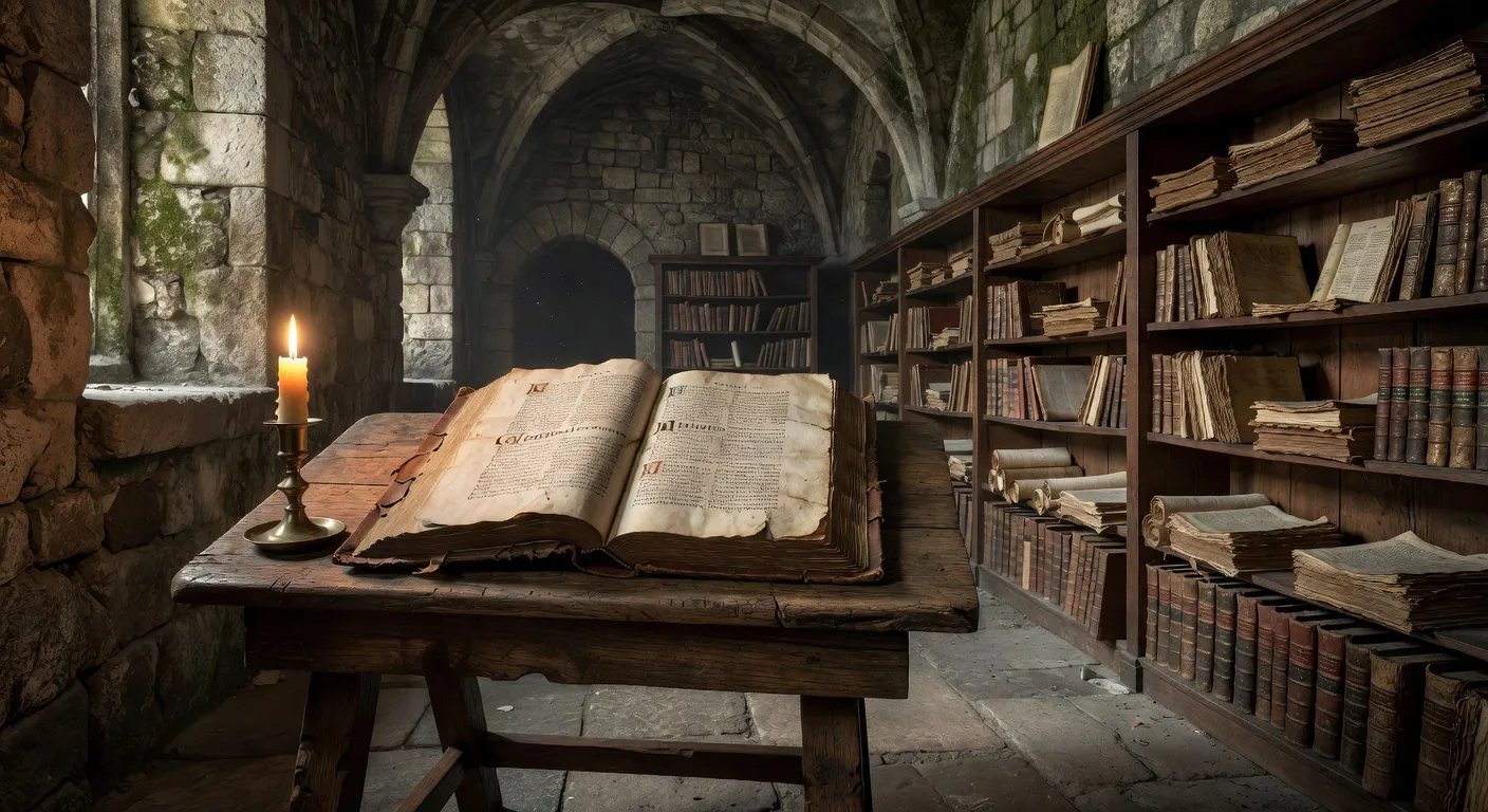 Ancien manuscrit des Confessions de saint Augustin ouvert sur un pupitre en bois