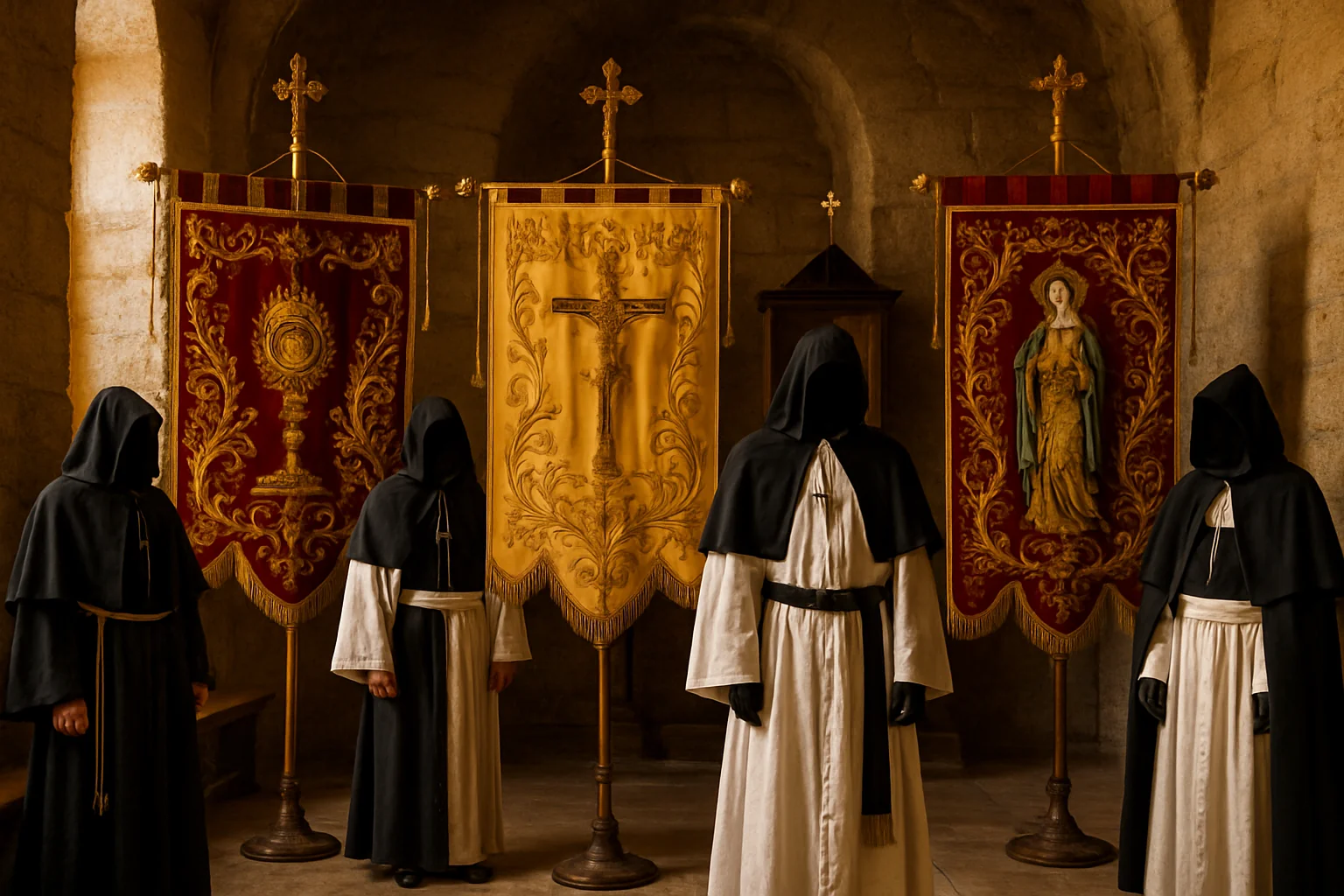 Bannière brodée et costume de confrérie limousine exposés dans une chapelle de pénitents en Corrèze