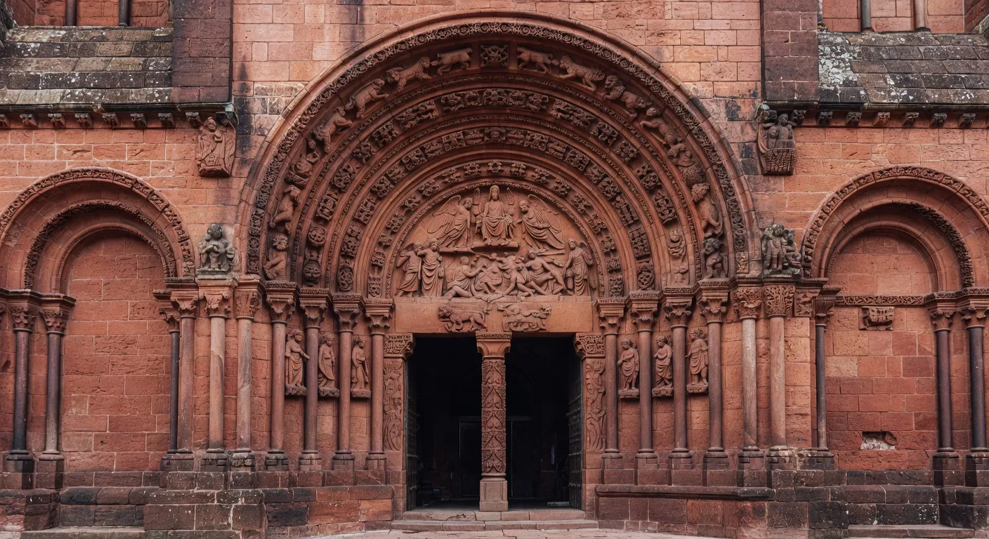 Eglise romane en granit de Correze avec son clocher-tour et son portail sculpte
