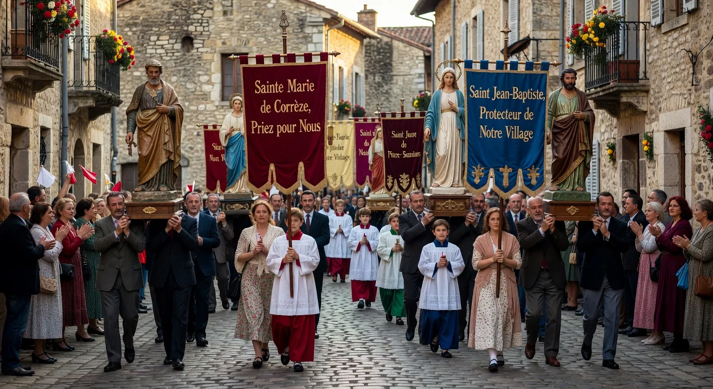 Procession religieuse dans un village de Correze