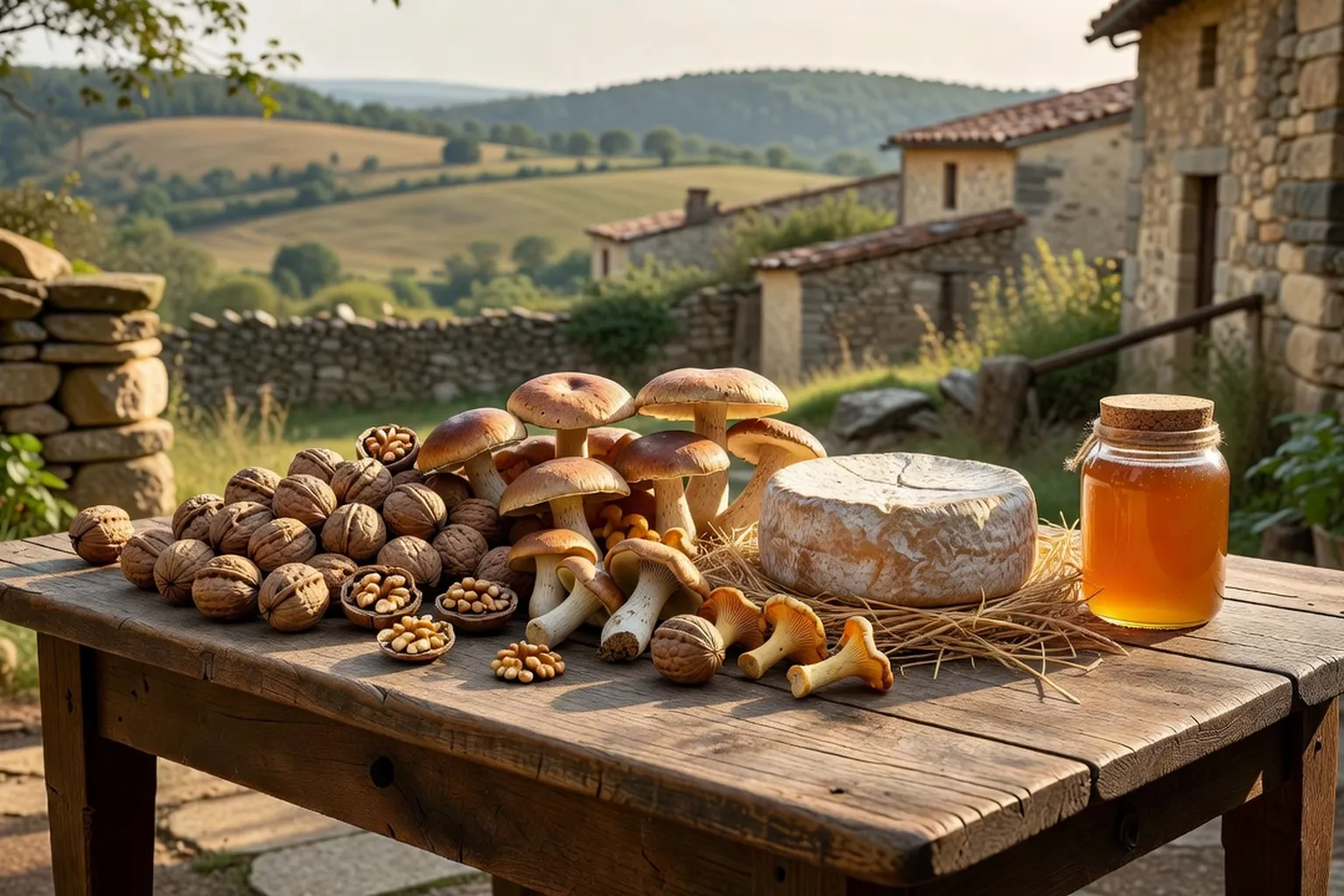 Table de produits du terroir corrézien avec noix, champignons, fromage et miel