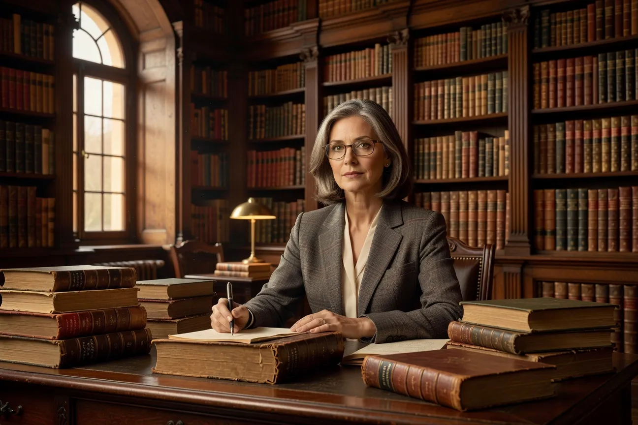 Portrait d'une théologienne dans une bibliothèque religieuse