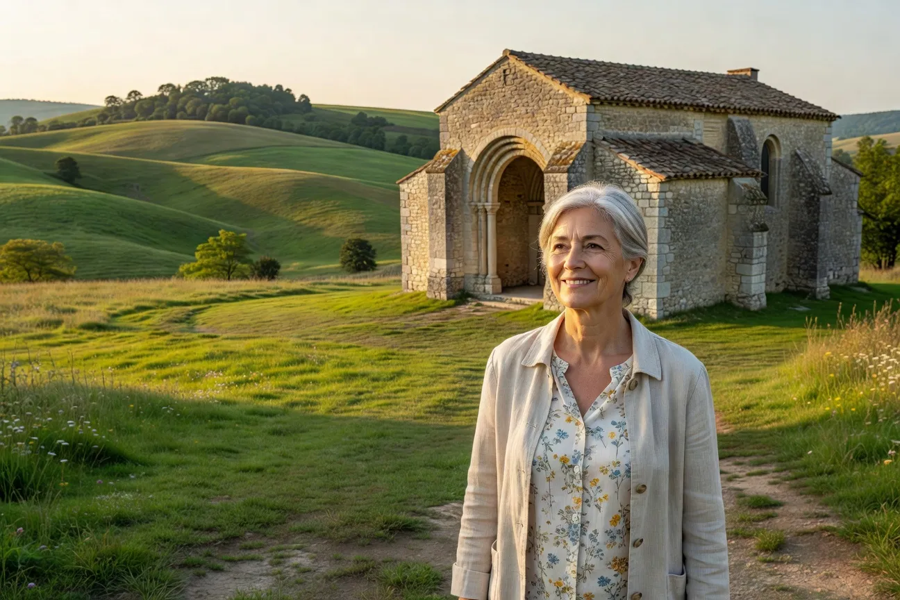 Femme d'âge mûr souriante devant l'église romane de Saint-Augustin en Corrèze