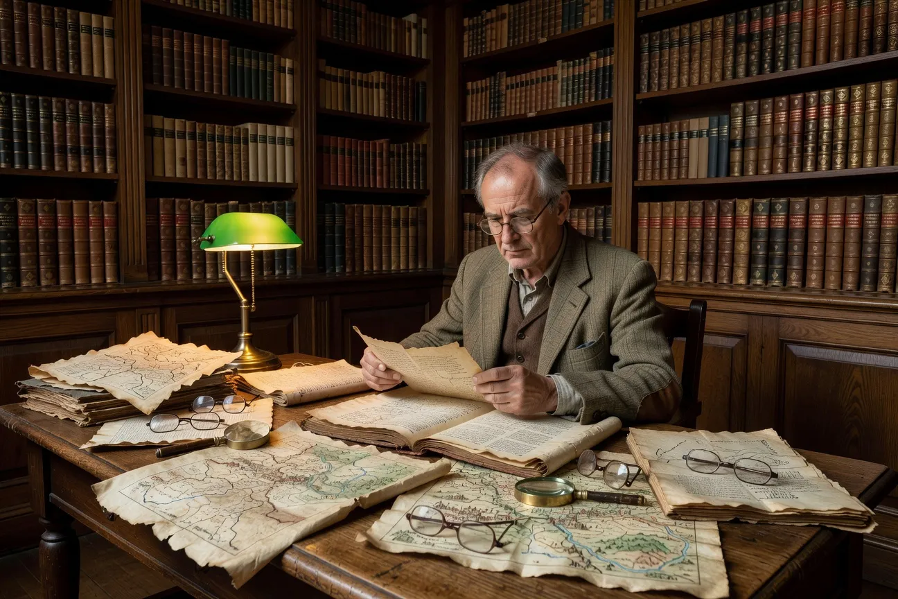 Historien correzien assis à un bureau couvert de parchemins médiévaux et de cartes anciennes
