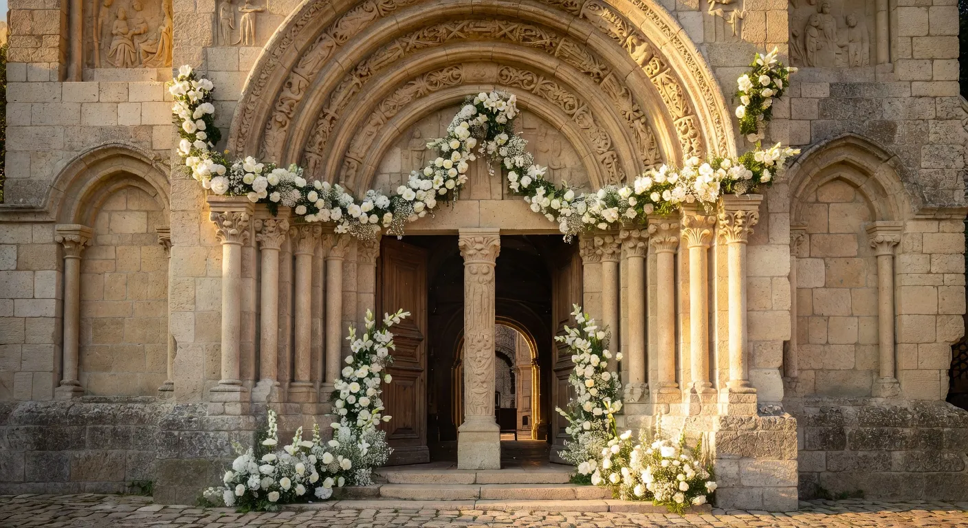 Eglise romane de Correze decoree pour un mariage avec un bouquet sur le porche