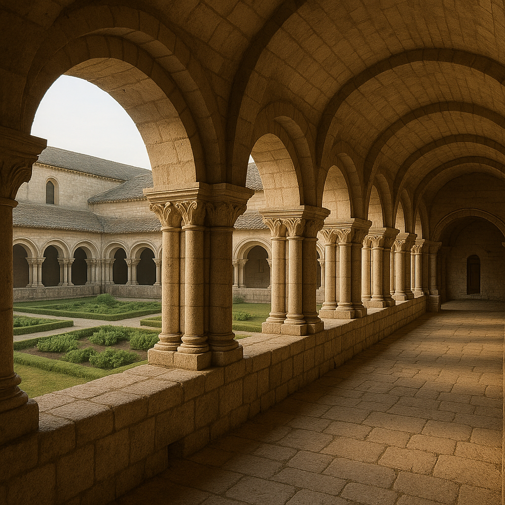 Cloître d'un ancien couvent augustinien avec arcades romanes