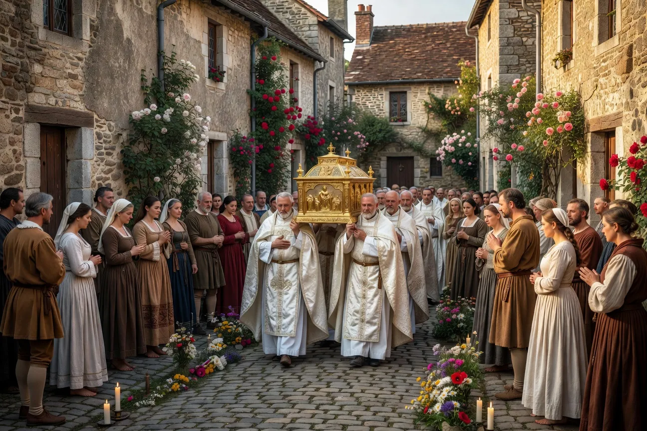 Procession solennelle des ostensions limousines avec reliquaire doré porté par des prêtres en vêtements liturgiques
