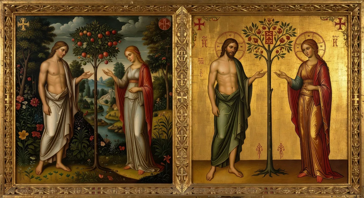 Diptyque medieval representant Adam et Eve