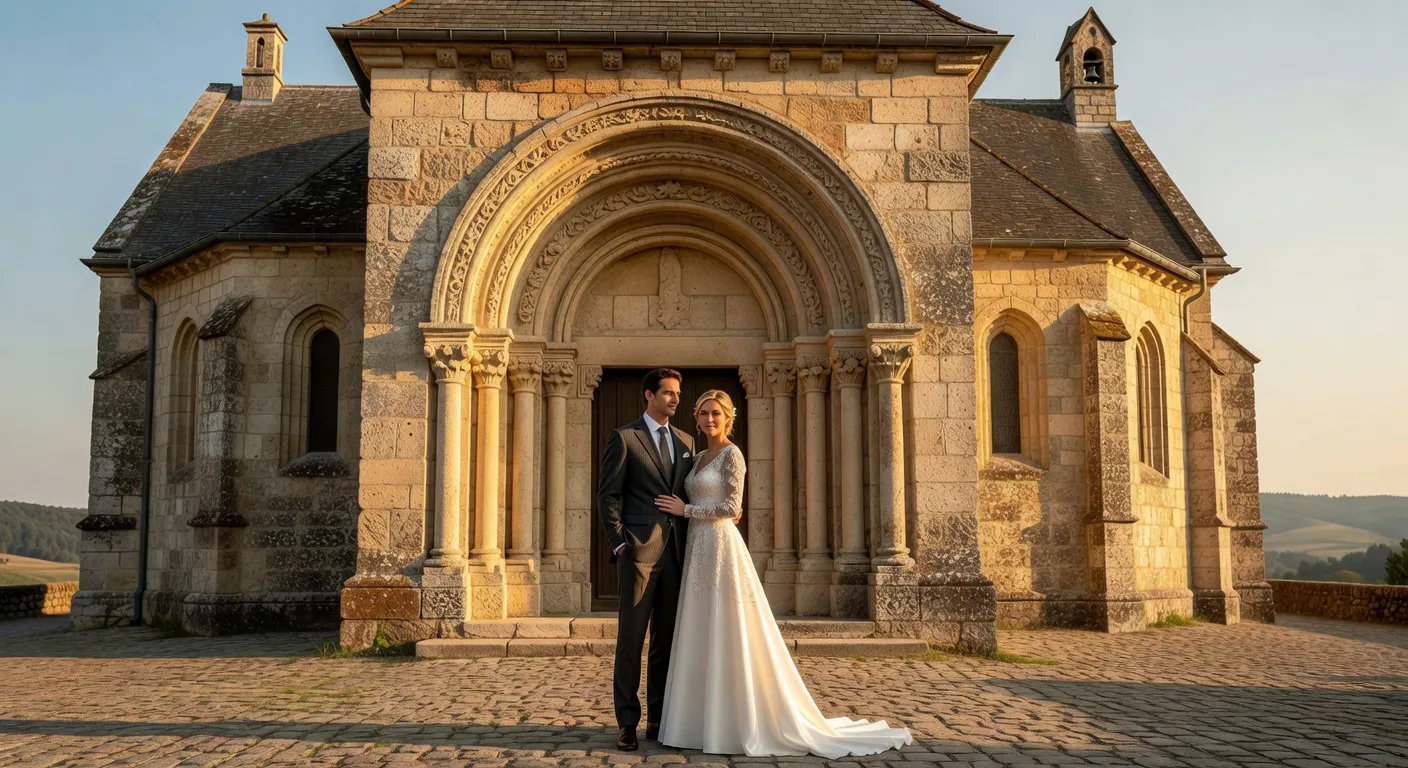 Couple de maries devant une eglise romane