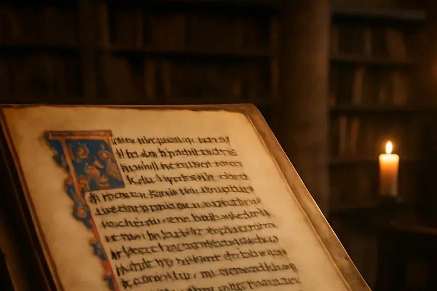 Manuscrit médiéval enluminé représentant un débat théologique entre deux figures ecclésiastiques dans une bibliothèque monastique