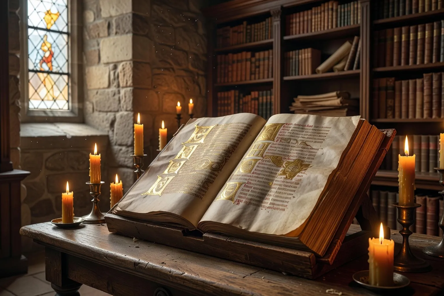 Manuscrit médiéval enluminé de saint Augustin dans une bibliothèque monastique