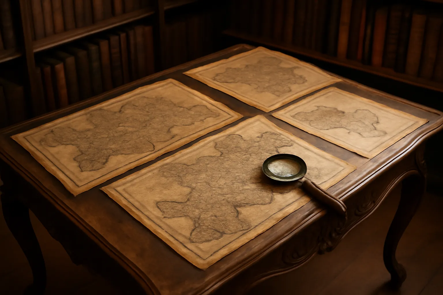 Table d'historien avec cartes anciennes en parchemin et loupe