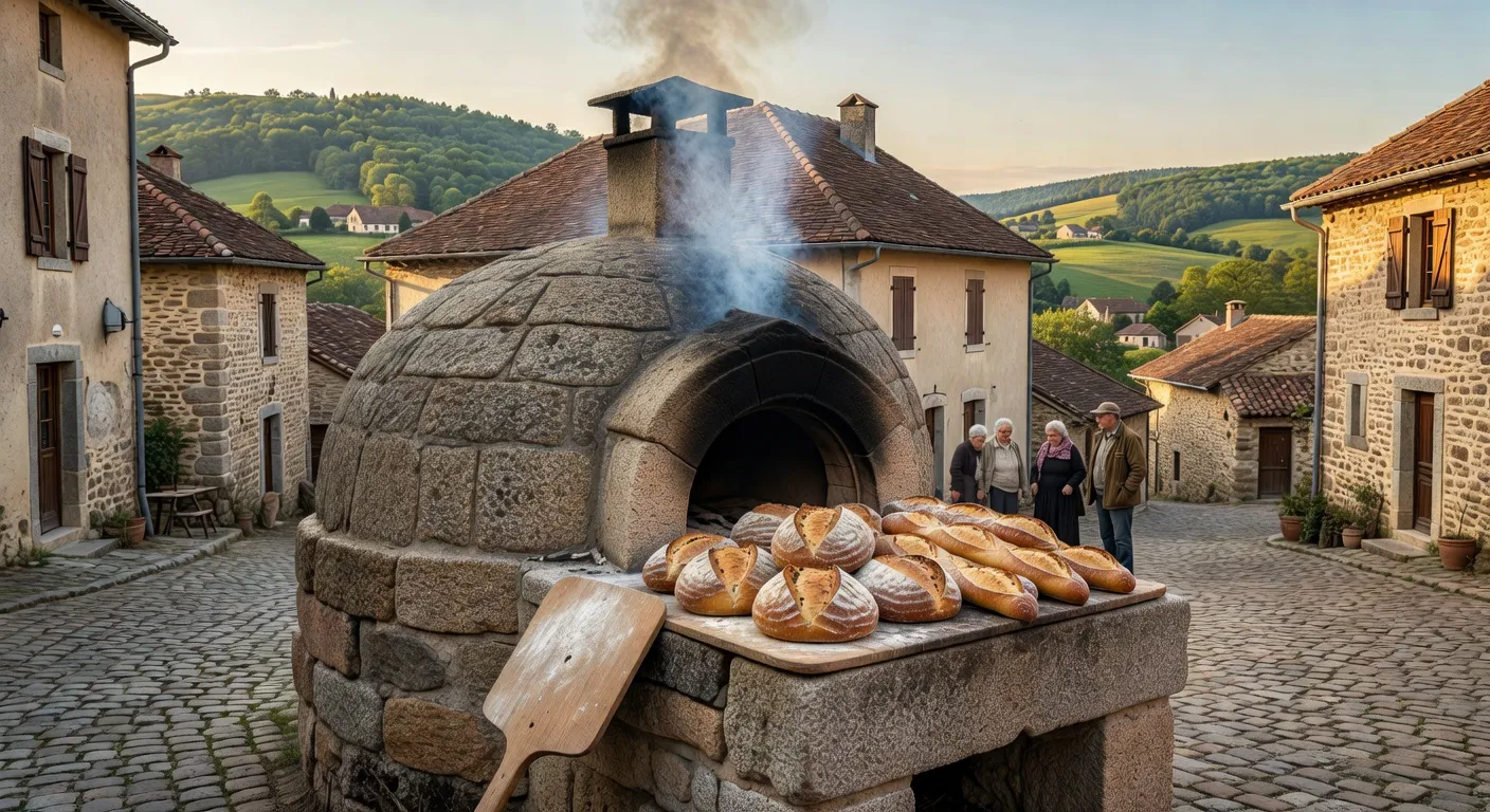Scene de fete traditionnelle dans un village du Limousin avec une eglise en arriere-plan