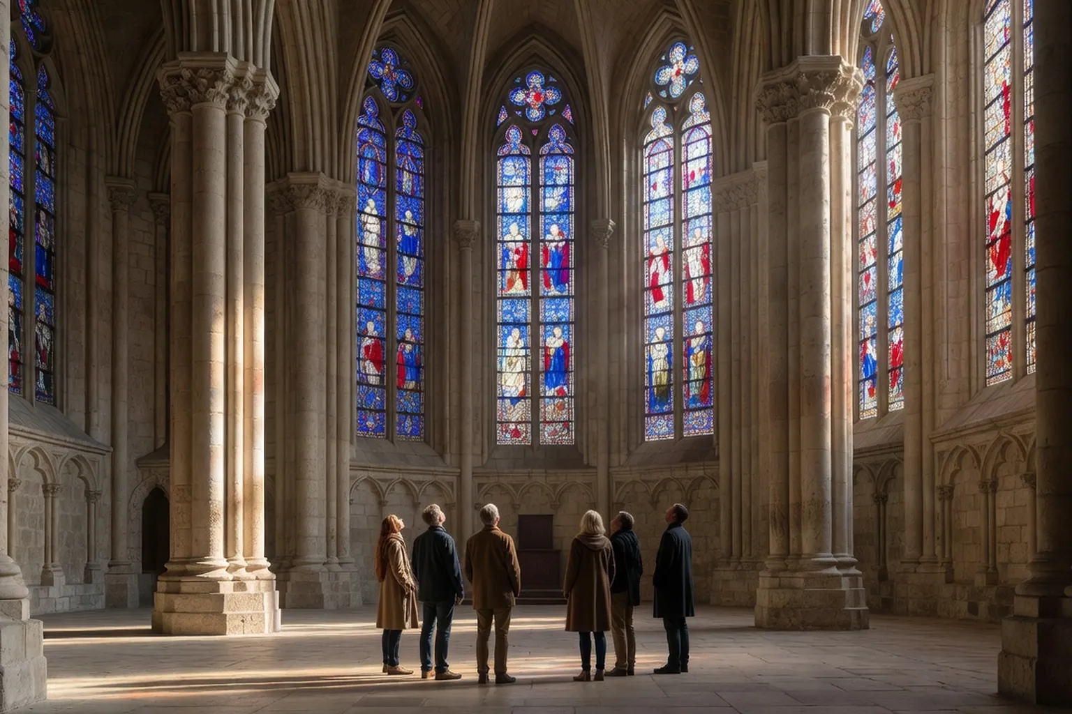 Verrière colorée d'une église limousine projetant sa lumière bleue et rouge sur la pierre du chœur roman